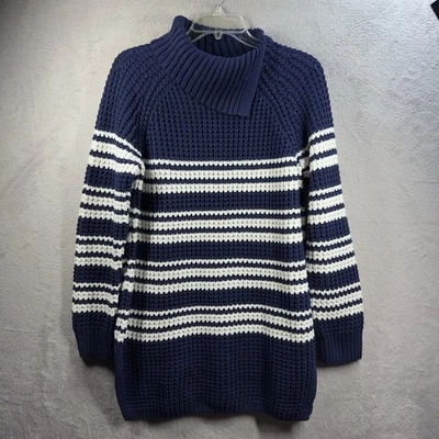 Suéter túnica Lands' End talla M a rayas azul marino blanco cuello plegable grueso tejido Foto 1 de 4