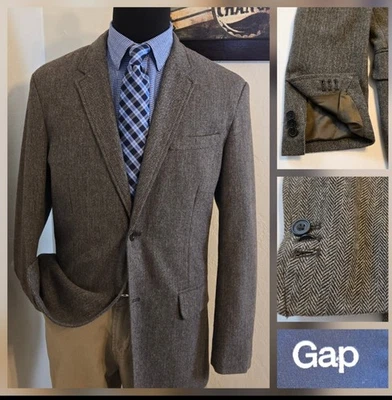 Gap Tweed Blazer Men Large Gray Herringbone Sport Jacket Wool Blend Working Cuff - Image 1 of 4