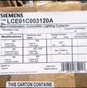 Contactor de iluminación Siemens LCE01C003120A 30A 115-120V - Imagen 1 de 4