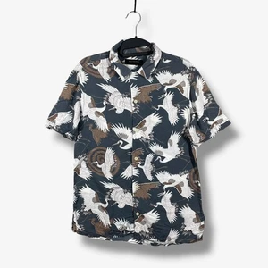 Allsaints Tsuru Button Up Shirt Mens Small Crane Bird Print Vacation Camp - Picture 1 of 7