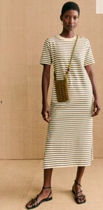 Sezane Emy Dress Midi Womens XS Ecru / Navy Stripe Gold Button Shoulder Cotton - Picture 1 of 14