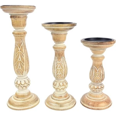 Boston Warehouse Natural Wood Pillar Candle Holder, 3 Piece Set, Distressed Whit - Image 1 of 4