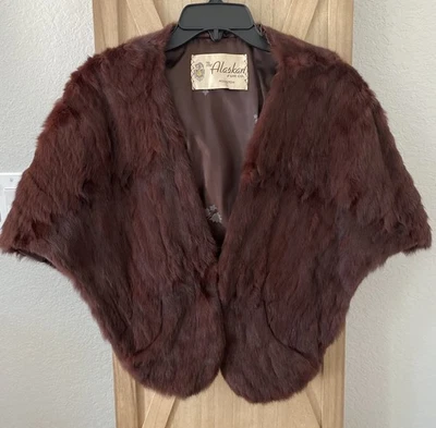 Vintage Alaska Fur Co Cape Wrap Brown Burgundy Real Fur Evening Jacket Shawl - Image 1 of 4