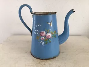 Alte Emaille Kanne Krug Shabby Frankreich Rosendekor Blau Brocante Emaile Deko - Bild 1 von 15