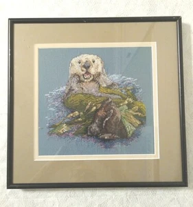Vintage Framed Sea Otter Cross Stich 12.25" x 11.75" Metal Black Frame - Bild 1 von 5