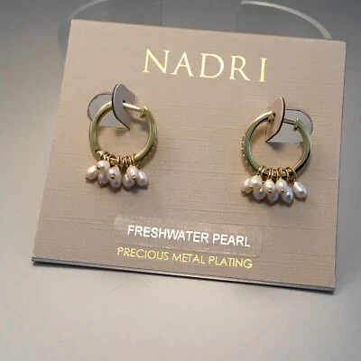 Nadri Genuine Pearl Huggie Hoop Earrings with Pave CZ Accents, Goldtone, NWT - Image 1 of 4