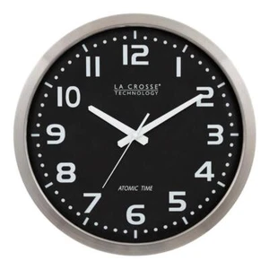 Atomic Analog Clock Metal Frame Stainless Steel Black Dial Automatic DST Change - Picture 1 of 7