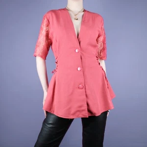 Camicia retrò vintage anni '90 rosso corallo rosa pannello corsetto cravatta fiocco top S 10 - Foto 1 di 10