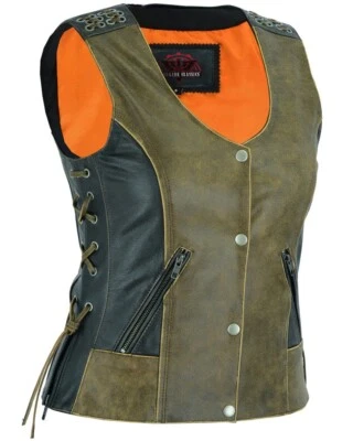 Women Leather Vest for Biker Ladies Side Laces and concealed Pockets Black/Brown - Image 1 of 4