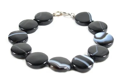 Bracciale in Agata Nera Striata e chiusura in Argento 925 Made In Italy - Immagine 1 di 3