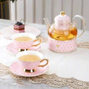 Juego de té o café de tetera de lunares rosa y dorado con para taza y platillos - Imagen 1 de 8