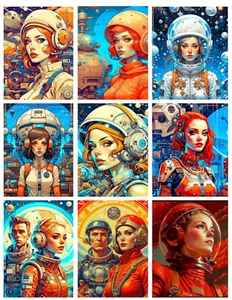 Retro Futurism Astronaut Women Space Crafting STICKERS - Just Cut & Use! - Picture 1 of 1