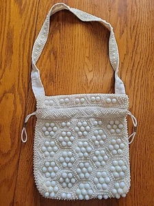 Perlen Kordelzug Handtasche Geldbeutel Vintage 50er Shabby Chic Herr Jonas Elfenbein LESEN  - Bild 1 von 16
