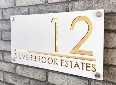 CUSTOM HOUSE SIGN NUMBER STREET SIGN WHITE GOLD ACRYLIC ADDRESS DOOR WALL PLAQUE - image 1 of 3