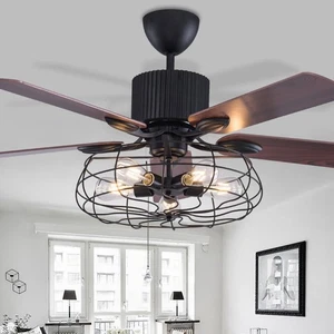 52" Farmhouse Caged Ceiling Fan with Light and Remote Control Rustic Industri... - Picture 1 of 8