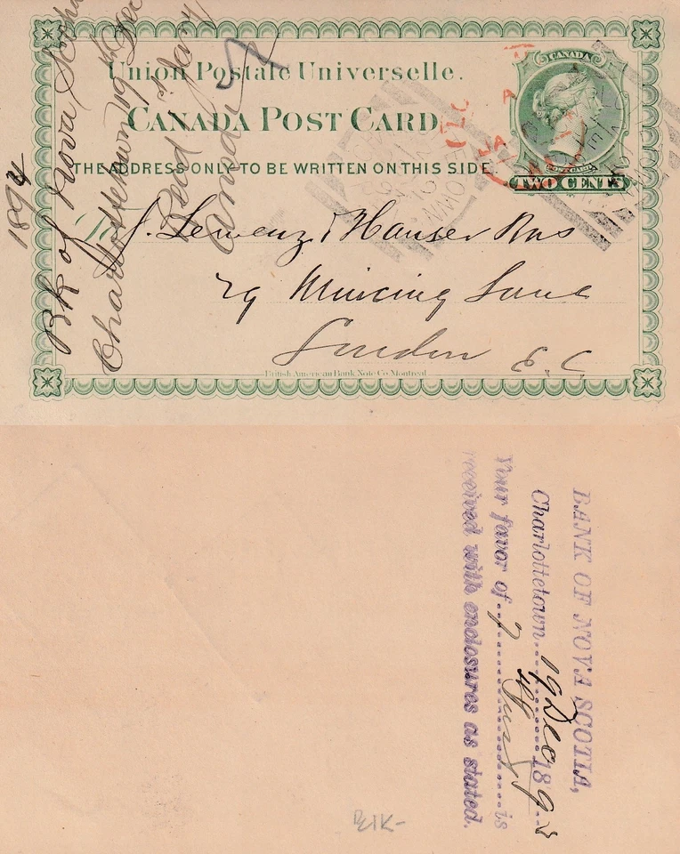 Canada to UK CHARLOTTETOWN PEI Squared Circle QV 2c UPU Postcard 1893 UNREPORTED - Image 1 of 1