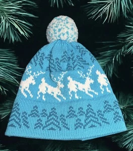 Winter Wool Ski Hat with Reindeer Print Handloomed in VERMONT by NOVELTY NITWEAR - Picture 1 of 14