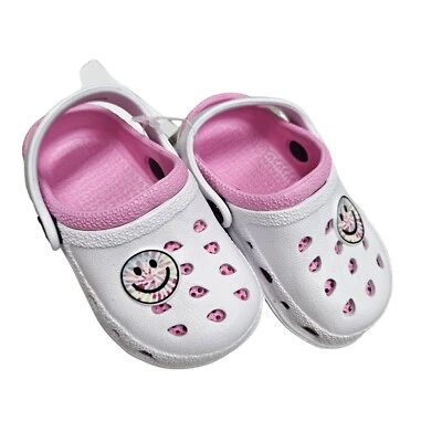 Childrens White Pink Clogs With Smile Design Girls Tie Dye Happy Face Slip On - Image 1 of 4