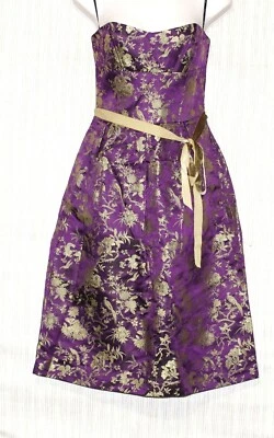 Vestido de cóctel David Meister púrpura dorado estampado sin tirantes rayón seda talla: 2 Foto 1 de 3