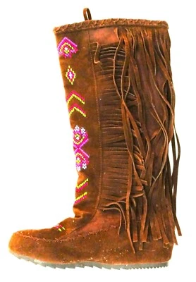 Dark Brown Suede Leather Embroidered & Tasseled 15.5" Tall Cowgirl Boot Size 8 - Image 1 of 4