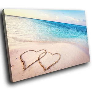SC983 Strand Ozean Herzen im Sand Landschaft Leinwand Kunst große Bilddrucke - Bild 1 von 6