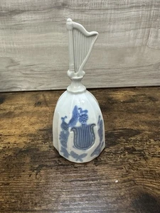 Vintage Collectible Porcelain Harp Handle Design Bell Blue White Ringing 6" Tall - Picture 1 of 5