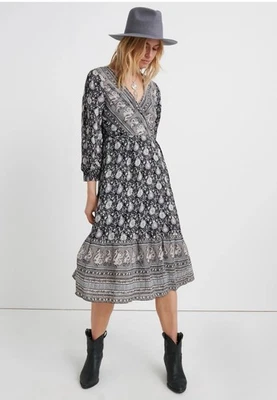 Lucky Brand Paisley Floral Print Wrap Dress  LARGE Boho Midi Cottage Core Black - Image 1 of 4