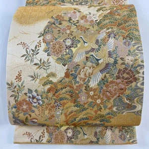 Mujer Kimono Japonés Fukuro-obi Seda Yukiwa Flor Pájaros Dorado - Imagen 1 de 6