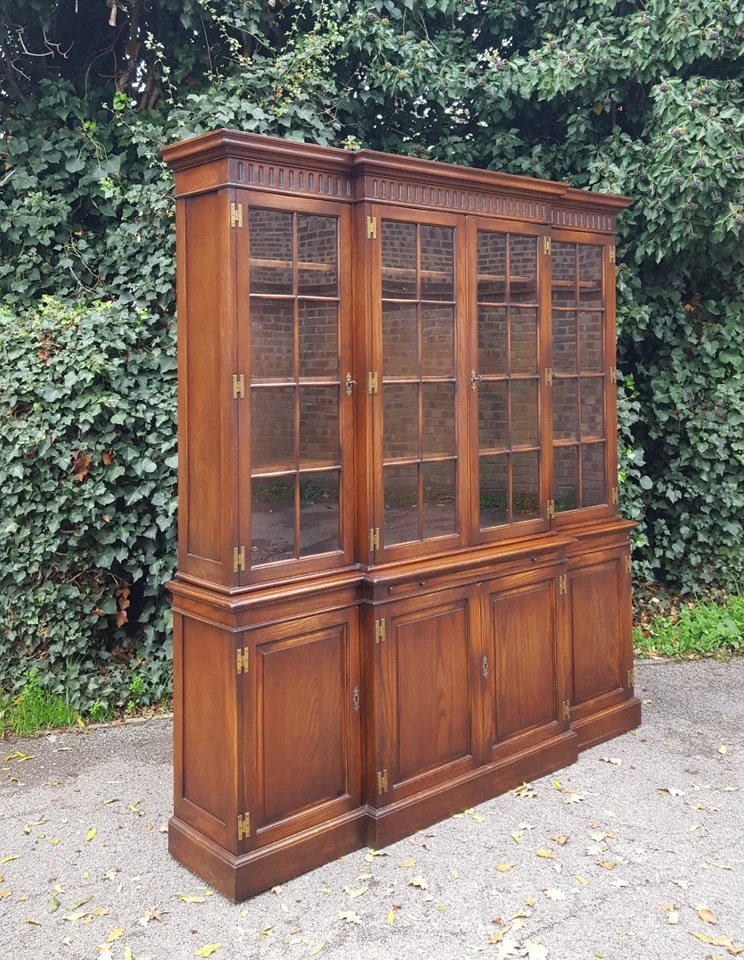 ANTIQUE SOLID OAK BREAKFRONT LIBRARY BOOKCASE PAIR AVAILABLE - Image 1 of 4