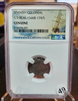 NGC Shipwreck 1/2 Real 1668–1747 Spanish Colonial Silver - Image 1 of 3