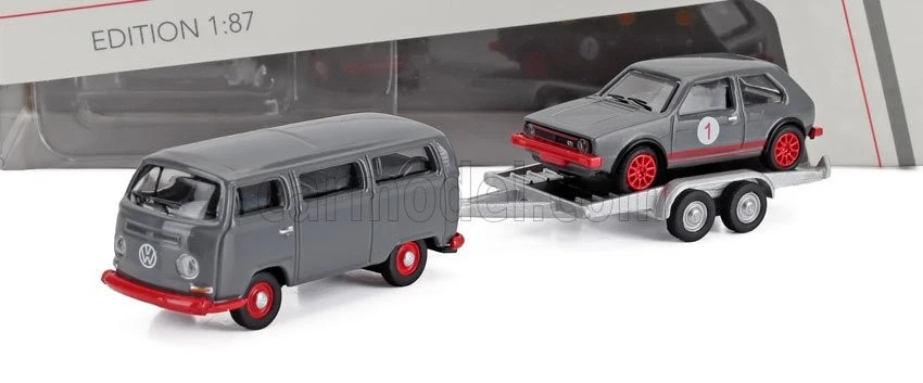 1/87 SCHUCO - VOLKSWAGEN - T2 MINIBUS 1962 WITH TRAILER + GOLF GTi MKI N 87U0006 - Immagine 1 di 1
