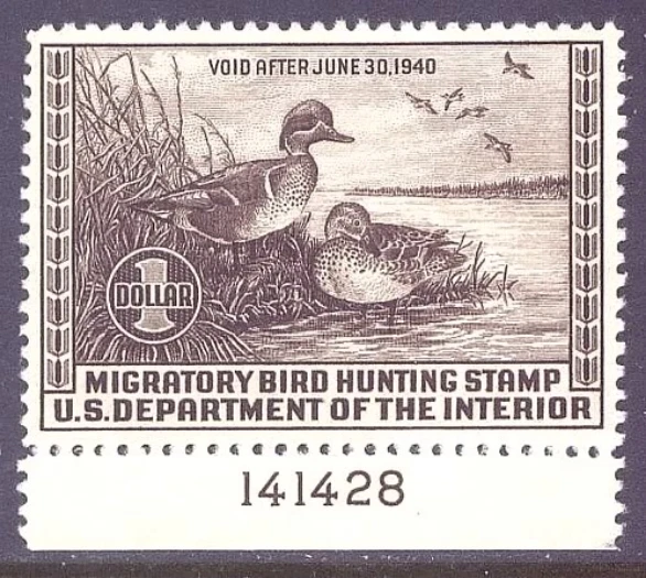RW6 XF LH OG-1939 $1 DUCK STAMP-Plate # SINGLE!!  (REM #RW6-091) - Image 1 of 1