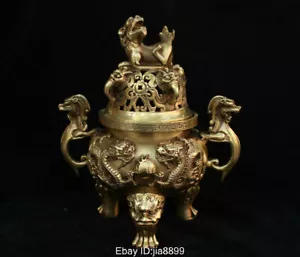Marked Chinese Fengshui Bronze Brass Dragon Beast Statue Incense Burner Censer - Picture 1 of 11