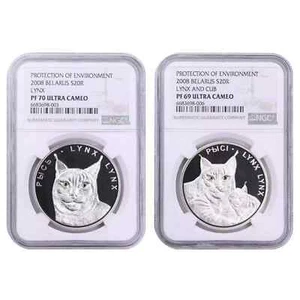 2008 Belarus Silver Lynx 2-Coin Set NGC PR69 & PR70 Ultra Cameo - Picture 1 of 2