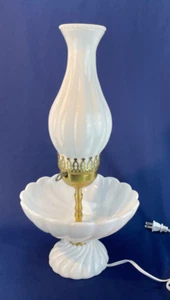 Fenton Milk Glass Bowl Brass Lamp Spiral Swirl Pattern Melon Milk Glass Chimney - Picture 1 of 19
