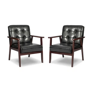 2 PCS Mid Century Arm Accent Chair Leather Retro Modern Sofa Wooden Lounge Sofa - Picture 1 of 29