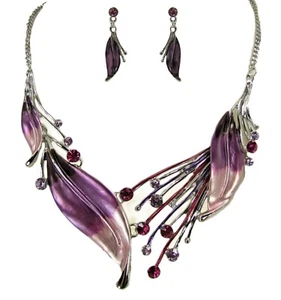 Purple Large Leaf Statement Necklace Earrings Set with Crystals and Enamel - NEW - Picture 1 of 2