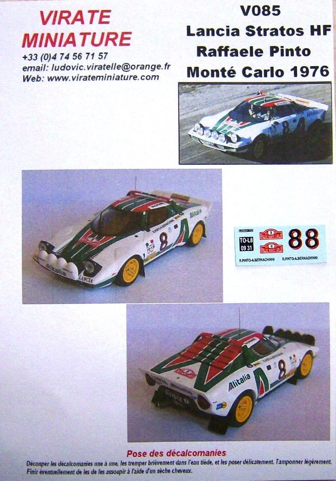 V085 LANCIA STRATOS HF RALLYE MONTE CARLO 1976 RAFFAELE PINTO DECALS VIRATE 1/43 - Bild 1 von 1