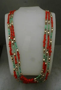 VINTAGE NAVAJO RED CORAL, TURQUOISE, HEISHI. STERLING NECKLACE, 3STRAND, 27"+++ - Picture 1 of 7