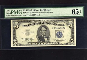 1953A Fr 1656 $5 SILVER CERT F/A BLOCK S/N F7181437A PMG 65 EPQ - Picture 1 of 2
