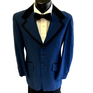 Vtg 70's Palm Beach ROYAL BLUE Tux Black VELVET Tuxedo Jacket Formal PROM Blazer - Picture 1 of 11