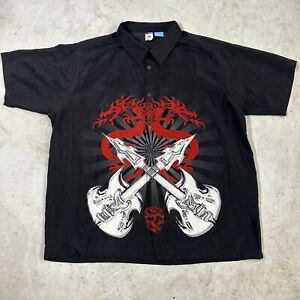 Vintage Y2K Punk Guitar Rockstar Button Up Polo Shirt Mens XXL Black Red 2000's