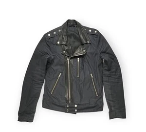 BLK DNM Mens Blue Black Moto Leather Canvas Jacket Biker style size S JAJA 38 - Picture 1 of 15