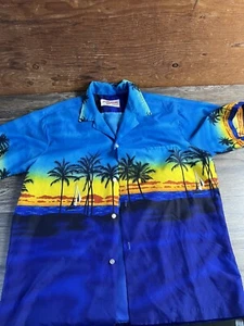 Vintage Shoreline Hawaii Shirt Made in Hawaii Blue Floral Sunset Palm Trees XL - Picture 1 of 6