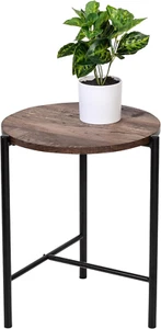round Side Table, Accent End Table with Steel Frame, Walnut - Picture 1 of 4