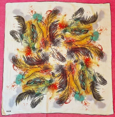 BUFANDA PAVO VINTAGE AUTÉNTICO AKER PLUMAS ARTE BLANCO ALGODÓN SEDA 35" CUADRADO Foto 1 de 4