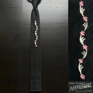 National Shirt Shops ‘Flowers” Embroidered Black Square-End Tie EUC VTG 1950s - Picture 1 of 4