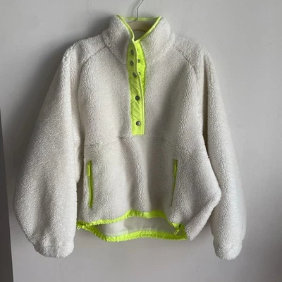 American Eagle флис шерпа куртка Snap пуловер плюшевый белый неоновый зеленый средний - Изображение 1 из 4