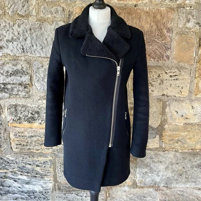 Sandro Asymmetric Biker Pea Coat 8 Wool Shearling Collar Jacket Zip Pocket Black - Image 1 of 4