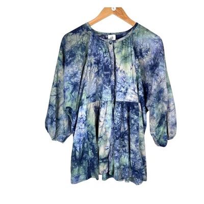 Túnica Cabi 5714 M Woodstock Top Azul Verde Tie Dye Mezcla de Lino Manga Globo Foto 1 de 4